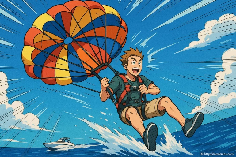 Jeune homme en parachute ascensionnel sur mer