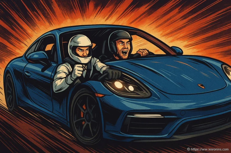 Pilotes casqués dans voiture de course bleue