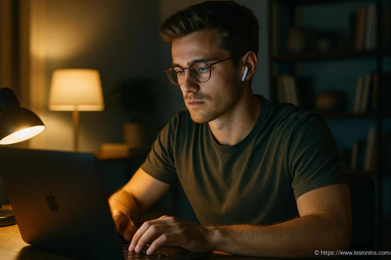Homme concentré travaillant sur ordinateur portable
