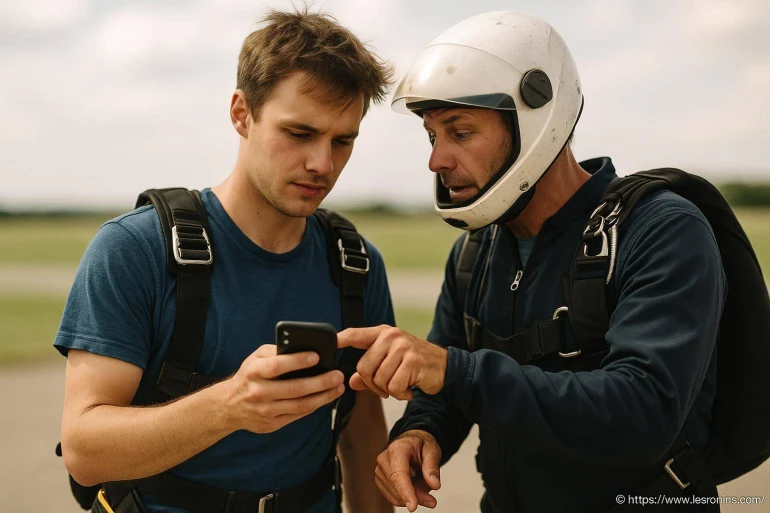 Deux parachutistes regardant un téléphone