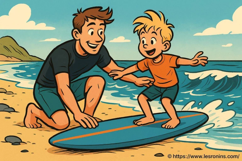 Enfant apprenant à surfer avec adulte
