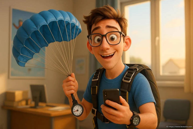 Jeune homme souriant avec parachute miniature
