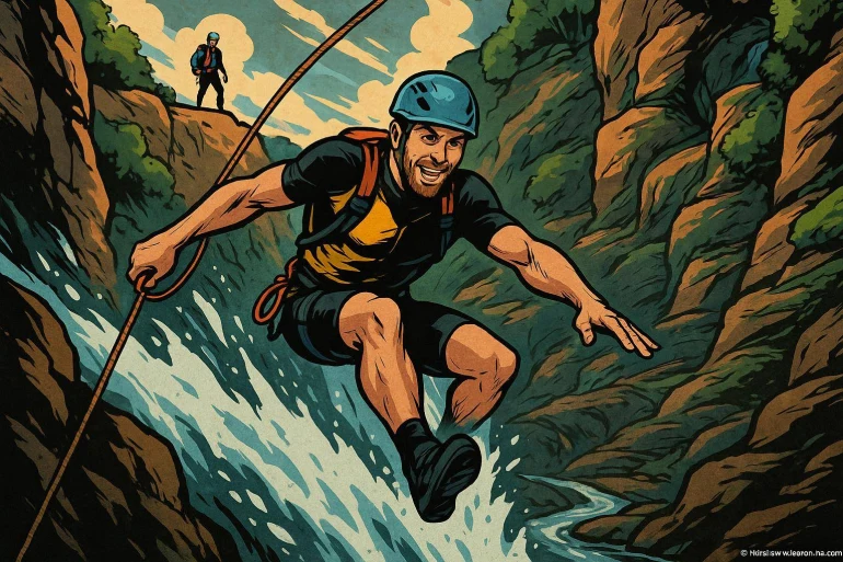 Homme pratiquant canyoning dans une rivière