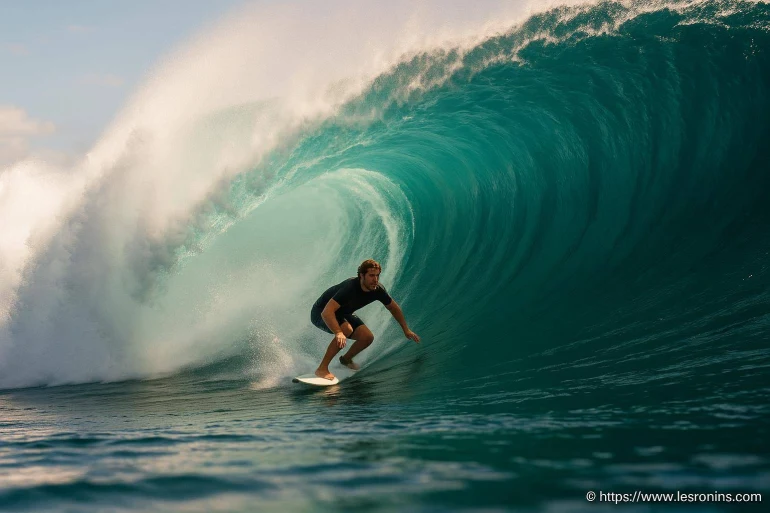 Surfeur dans un tube de vague turquoise