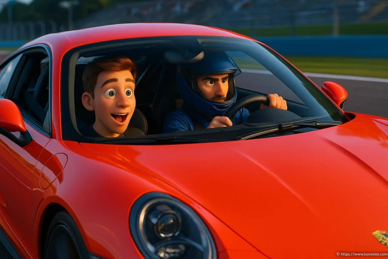 Deux hommes animés dans une voiture de sport rouge