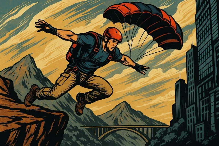 Parachutiste sautant entre montagne et ville