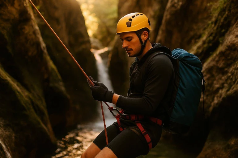 Homme en casque pratiquant canyoning