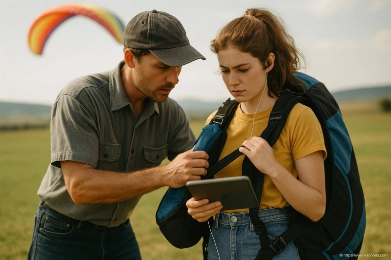 Jeune femme préparant parapente avec instructeur
