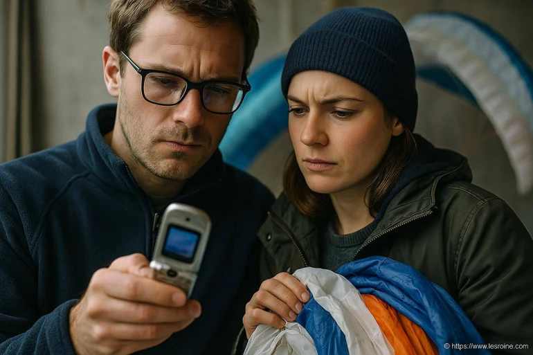 Couple préoccupé regardant un téléphone portable ancien