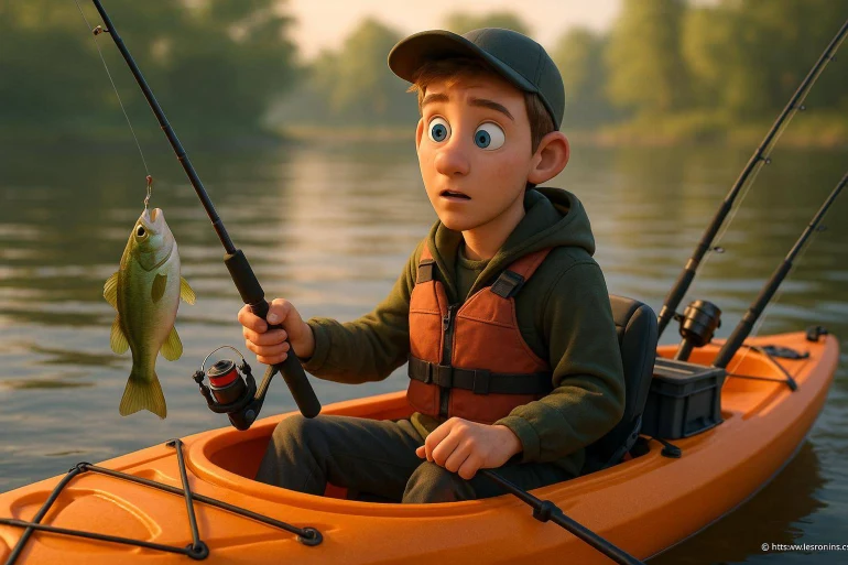 Jeune garçon surpris en kayak avec poisson
