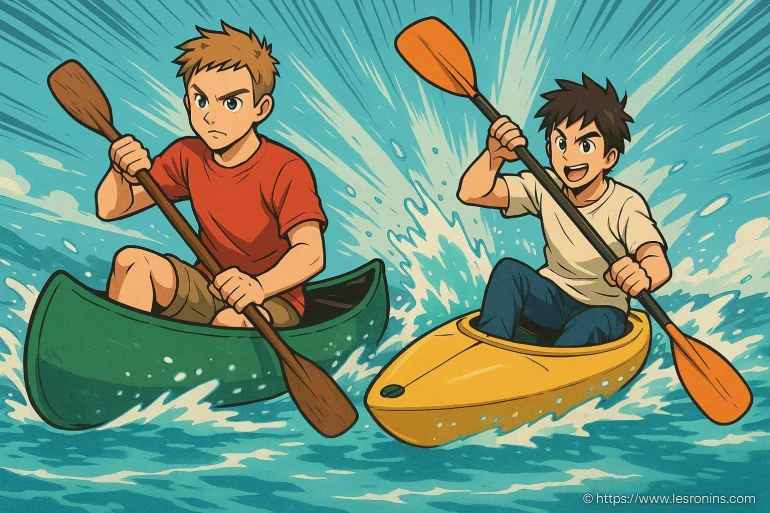 Deux garçons pagayant en kayak et canoë