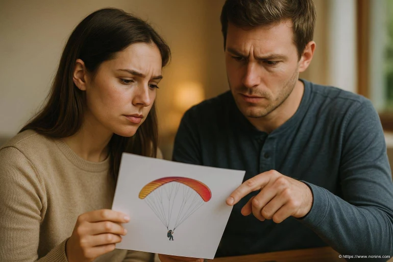 Couple réfléchissant à un dessin de parachute