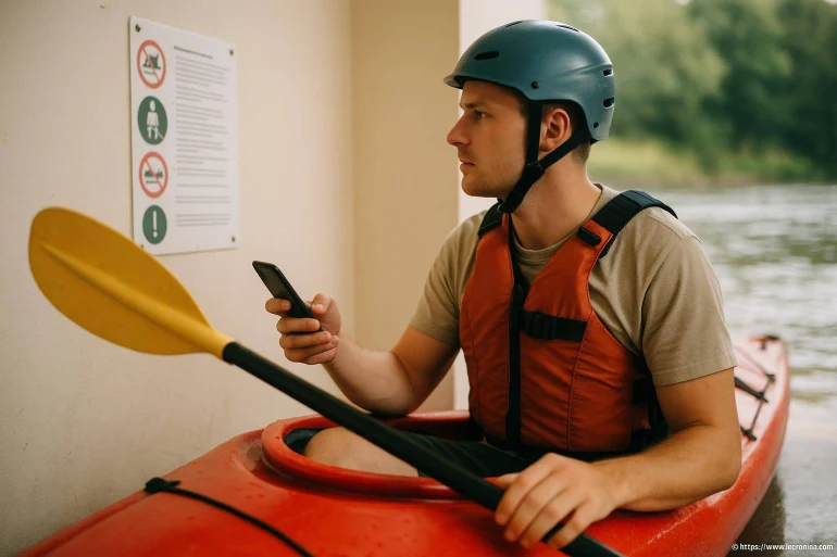 Homme en kayak lisant consignes sécurité