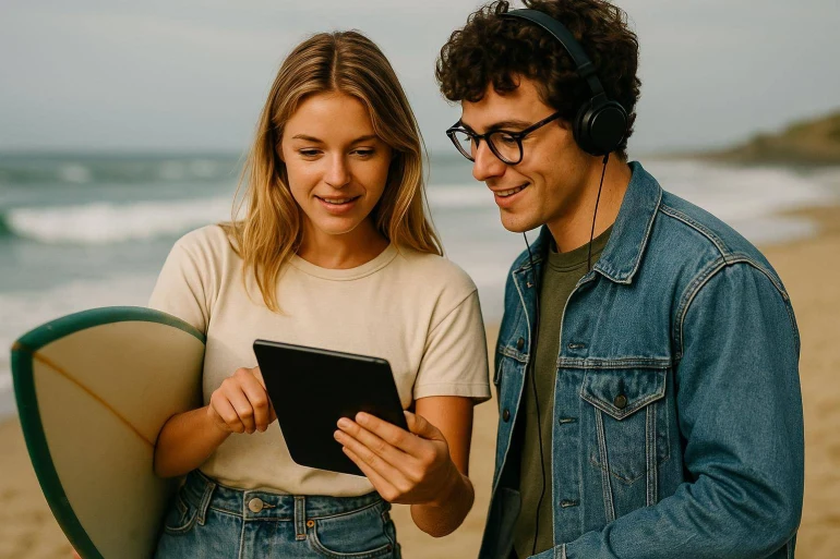 Jeunes regardant une tablette à la plage