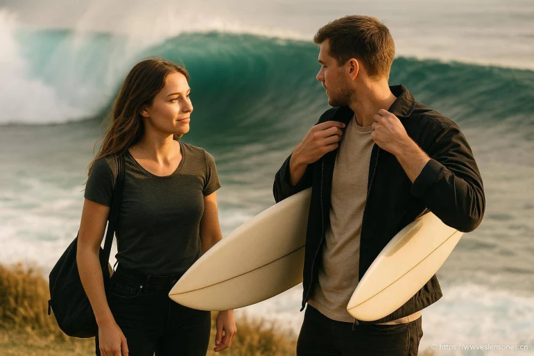 Jeune couple avec planche de surf plage