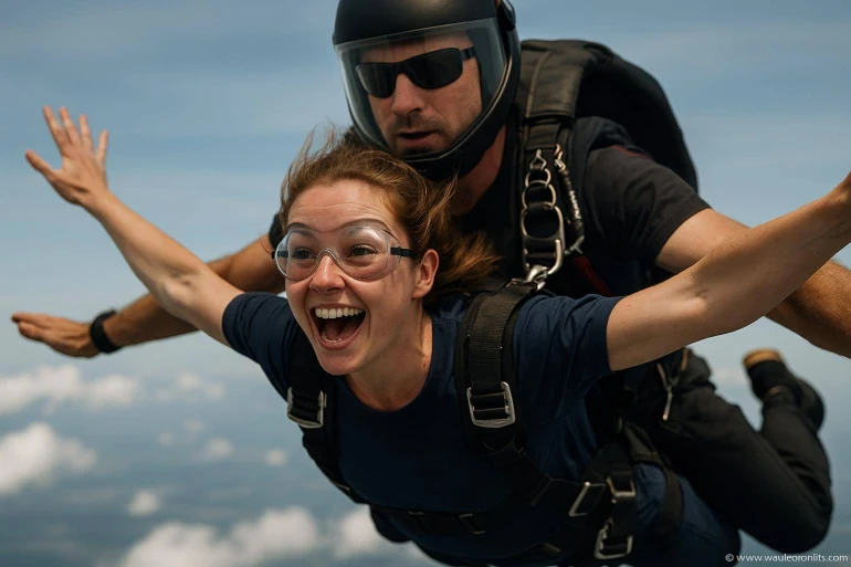 Femme souriante en chute libre tandem