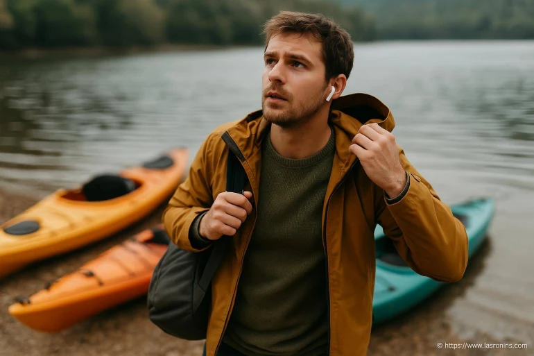 Homme prêt pour kayak au bord du lac