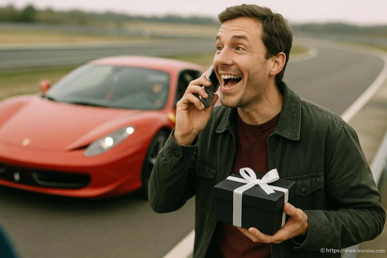 Homme heureux avec cadeau et voiture rouge