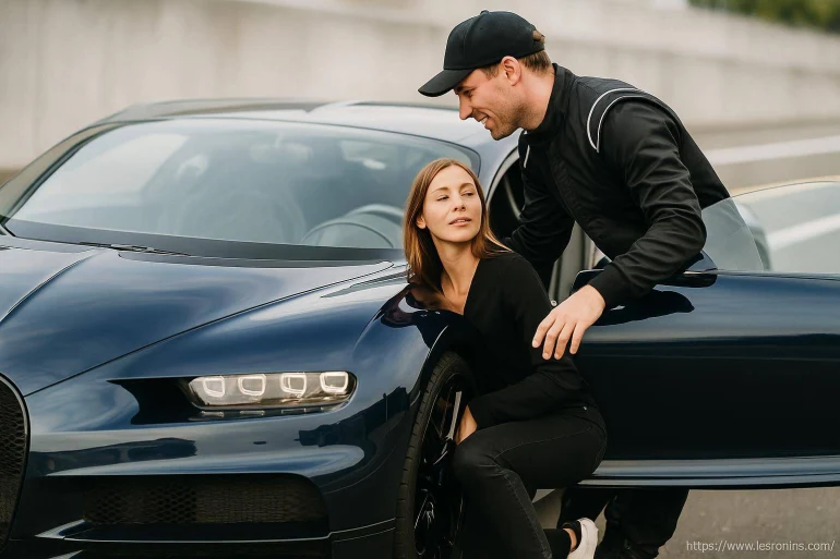 Homme et femme près d'une voiture sportive noire