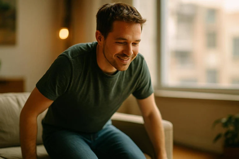 Homme souriant assis sur canapé
