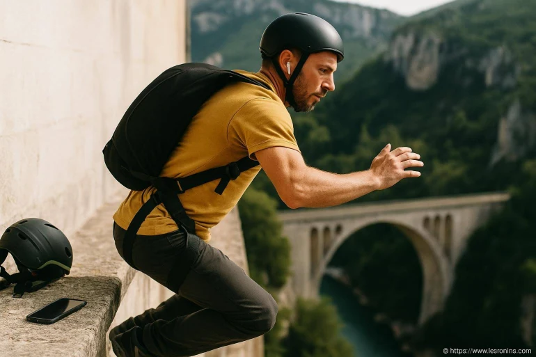 Homme en casque prêt à sauter d'un pont