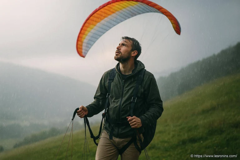 Homme parapentiste sous la pluie en montagne