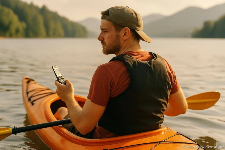 Homme en kayak avec téléphone portable