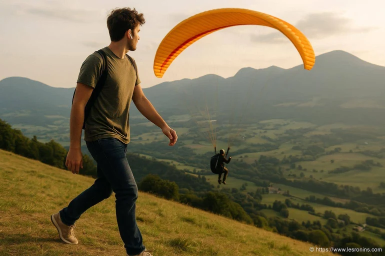 Homme regardant un parapente décoller
