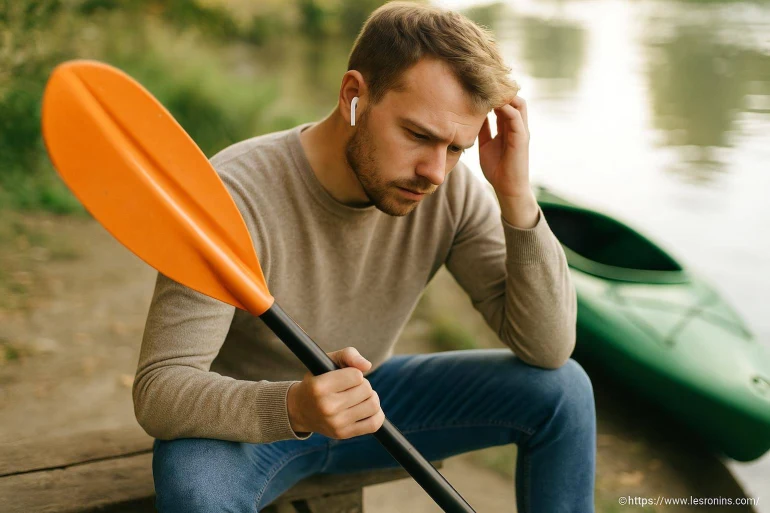 Homme pensif avec pagaie près kayak