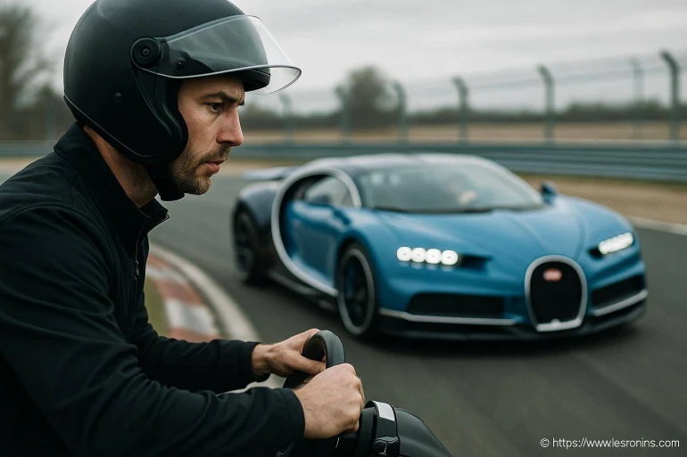 Homme casque concentré voiture sportive bleue