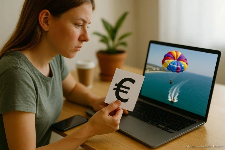 Femme regardant symbole euro devant ordinateur