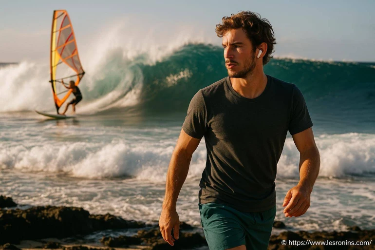 Homme en t shirt près de la mer avec windsurfeur