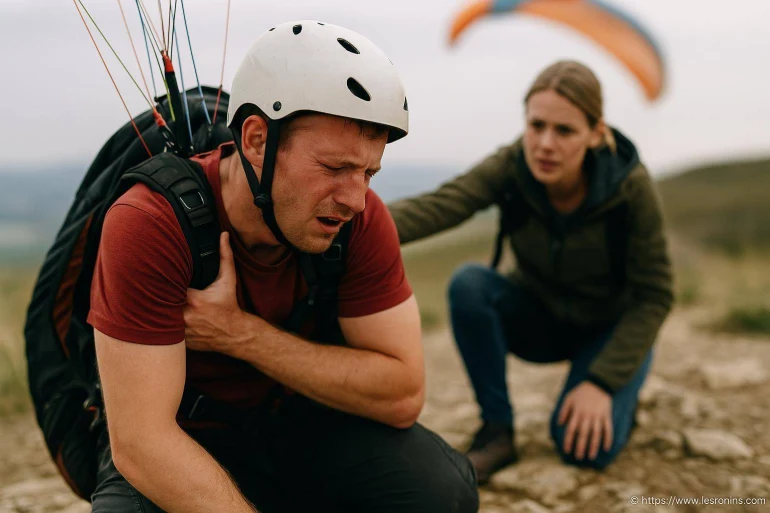 Homme en parapente souffrant de douleur thoracique