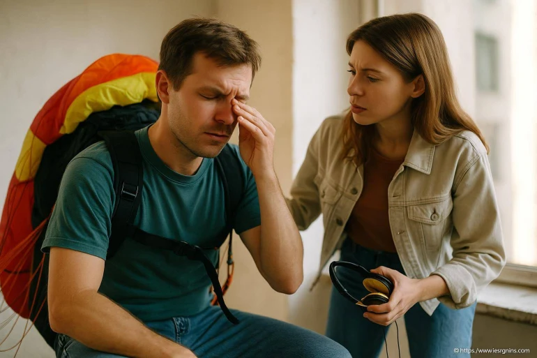Homme fatigué avec sac à dos et femme inquiète