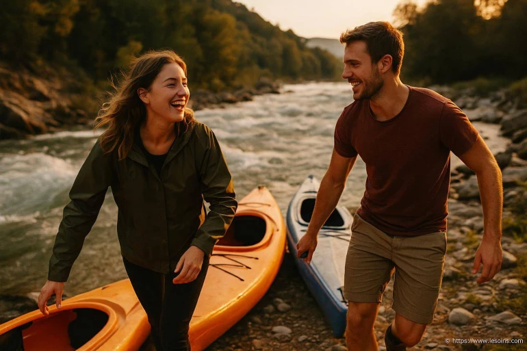 Couple souriant avec kayaks au bord de rivière
