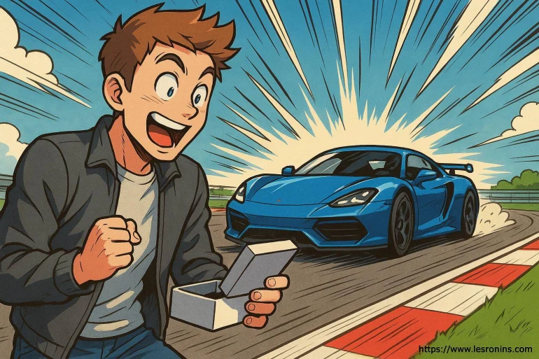 Jeune homme surpris avec voiture de sport bleue