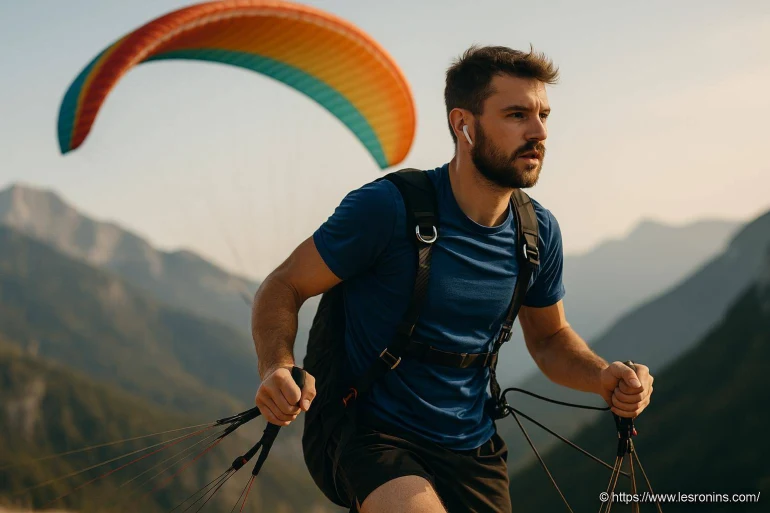 Homme prêt pour parapente en montagne