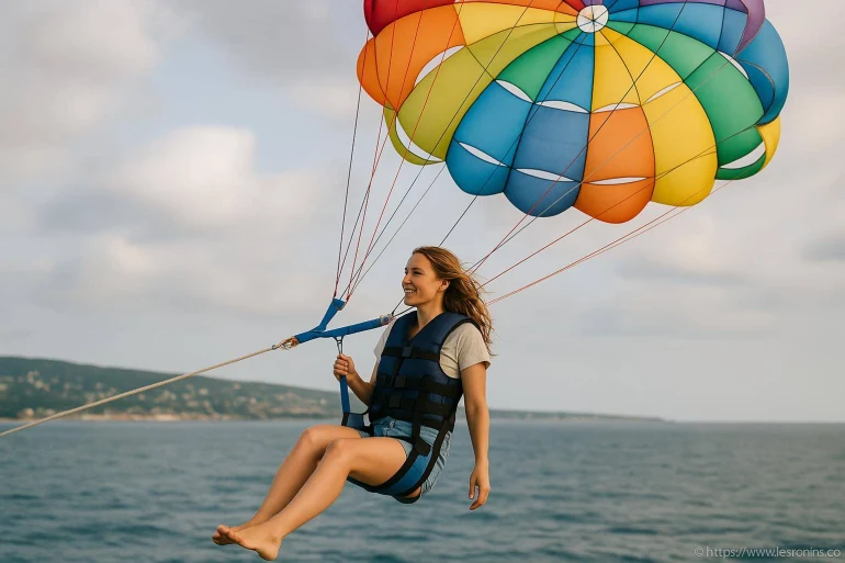 Femme souriante en parachute ascensionnel