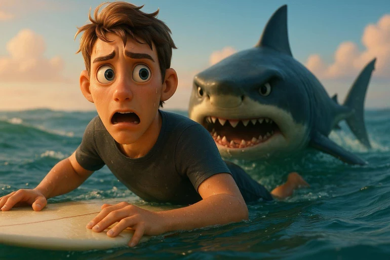 Jeune homme effrayé sur planche avec requin