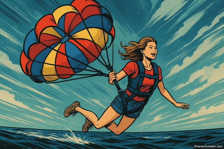 Femme en parachute ascendant sur mer