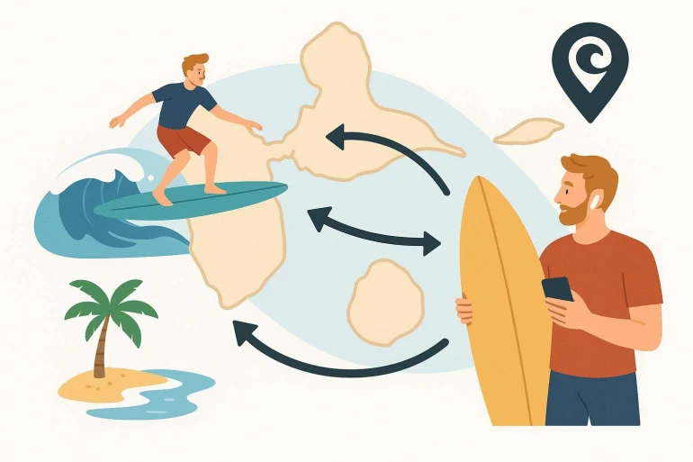Homme surf carte îles tropicales