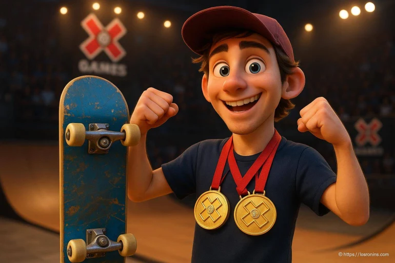 Jeune skateur animé avec médailles d or
