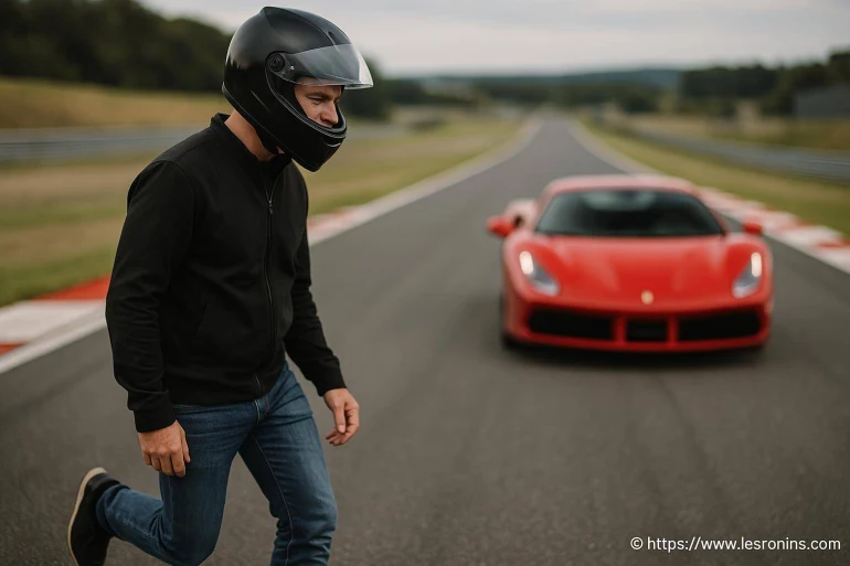 Homme en casque sur circuit avec voiture rouge
