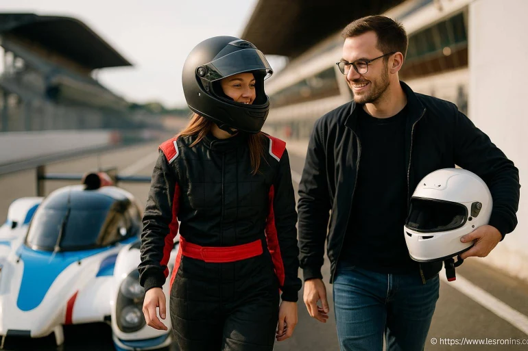 Pilote femme en combinaison et casque noir