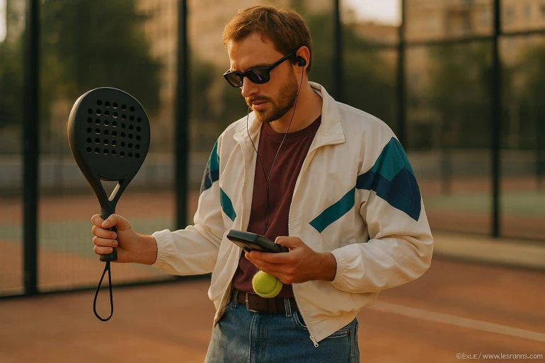 Homme avec raquette de padel écouteur et smartphone