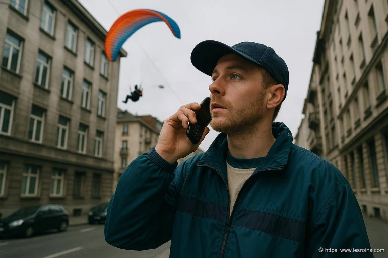 Homme au téléphone avec parapente urbain