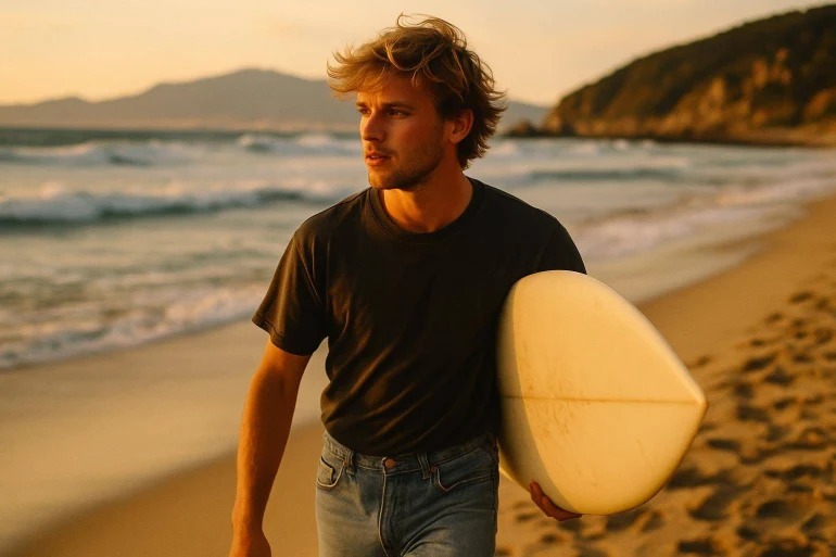 Jeune homme avec planche de surf sur plage