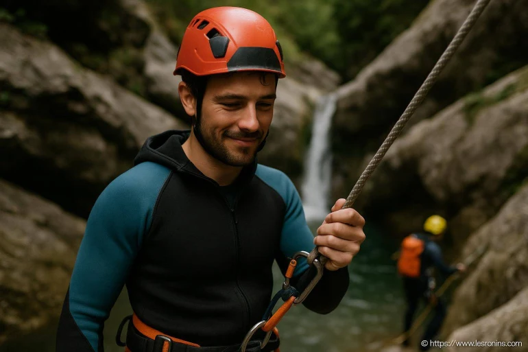 Homme en casque rouge fait canyoning