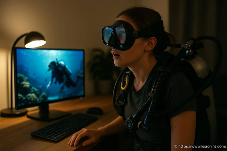 Femme en équipement de plongée devant un écran