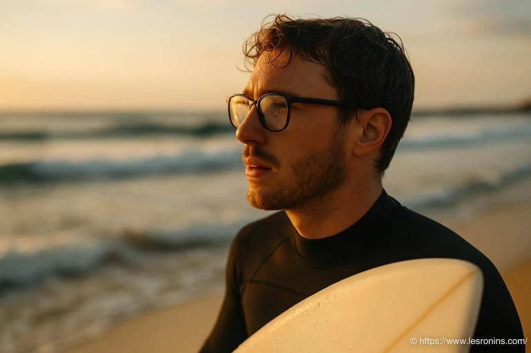 Surfeur portant lunettes sur la plage